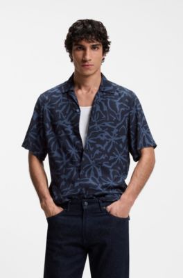 Camisa regular fit con estampado grande, Azul oscuro