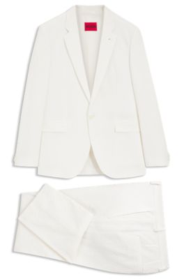 Three-piece extra-slim-fit suit in stretch-cotton seersucker, White
