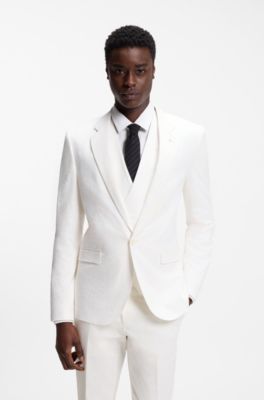 Three-piece extra-slim-fit suit in stretch-cotton seersucker, White