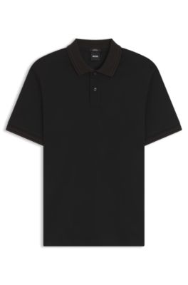 Stripe-trim slim-fit polo shirt in mercerised cotton, Black