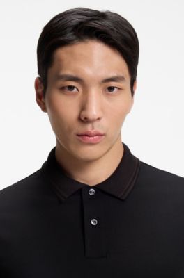 Polo Slim en coton merceris&eacute; avec finitions &agrave; rayures, Noir