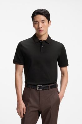 Stripe-trim slim-fit polo shirt in mercerised cotton, Black
