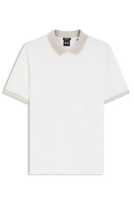 Stripe-trim slim-fit polo shirt in mercerised cotton, White