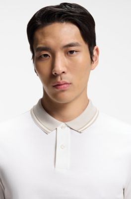 Stripe-trim slim-fit polo shirt in mercerised cotton, White