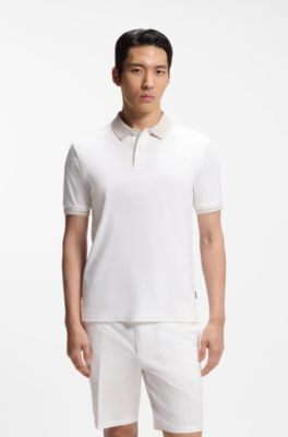 Polo slim fit de algod&oacute;n mercerizado con detalles de rayas, Blanco