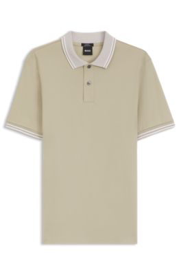 Stripe-trim slim-fit polo shirt in mercerised cotton, Light Beige