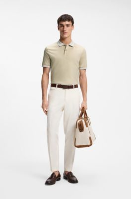 Stripe-trim slim-fit polo shirt in mercerised cotton, Light Beige