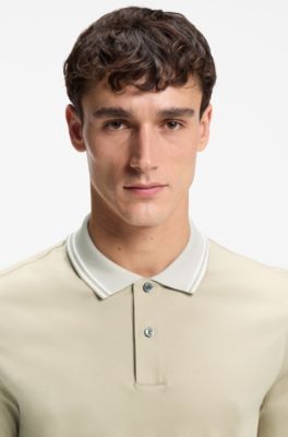 Stripe-trim slim-fit polo shirt in mercerised cotton, Light Beige