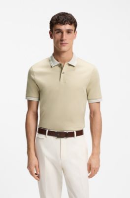 Stripe-trim slim-fit polo shirt in mercerised cotton, Light Beige
