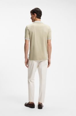 Stripe-trim slim-fit polo shirt in mercerised cotton, Light Beige