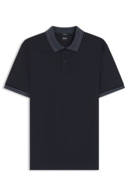 Stripe-trim slim-fit polo shirt in mercerised cotton, Dark Blue