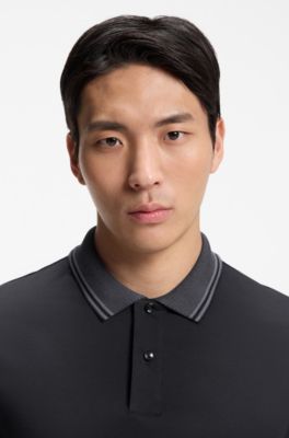 Stripe-trim slim-fit polo shirt in mercerised cotton, Dark Blue