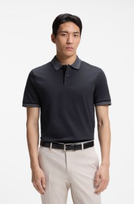 Stripe-trim slim-fit polo shirt in mercerised cotton, Dark Blue