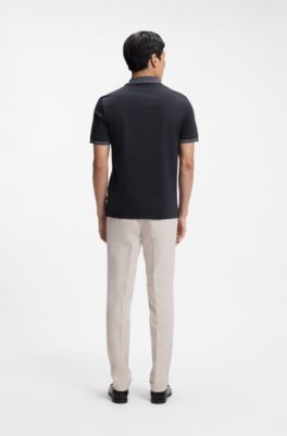 Polo Slim en coton merceris&eacute; avec finitions &agrave; rayures, Bleu fonc&eacute;