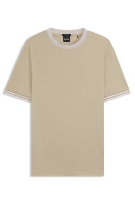 Contrast-tipping slim-fit T-shirt in mercerised cotton, Light Beige