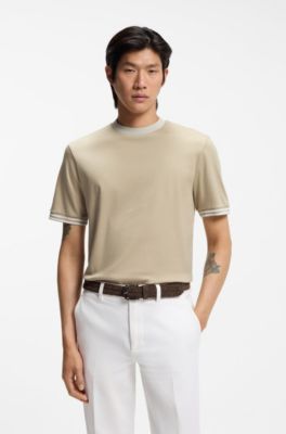 Contrast-tipping slim-fit T-shirt in mercerised cotton, Light Beige