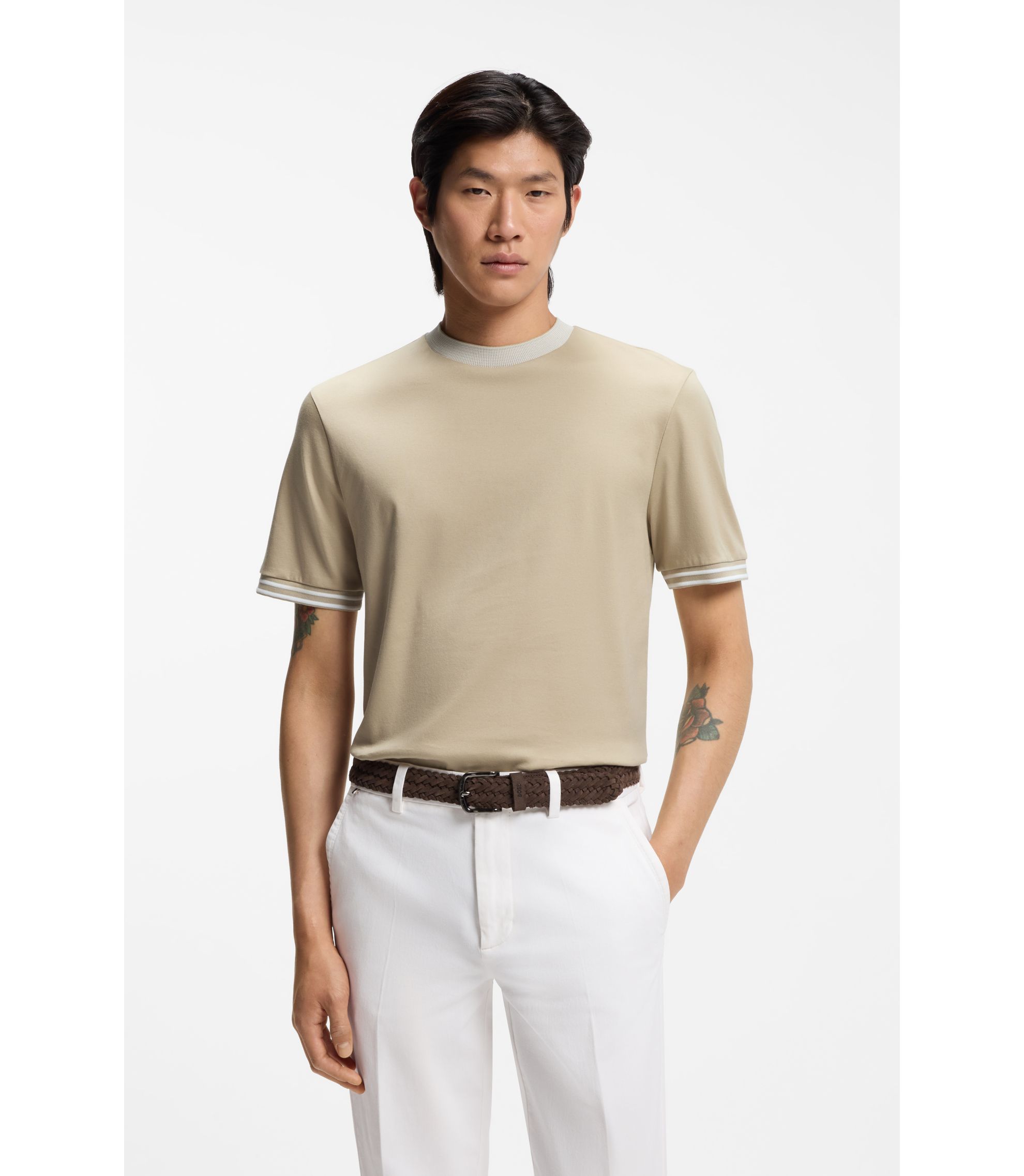 BOSS - Contrast-tipping slim-fit T-shirt in mercerised cotton