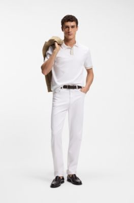 Polo de algod&oacute;n mercerizado con detalles de rayas, Blanco