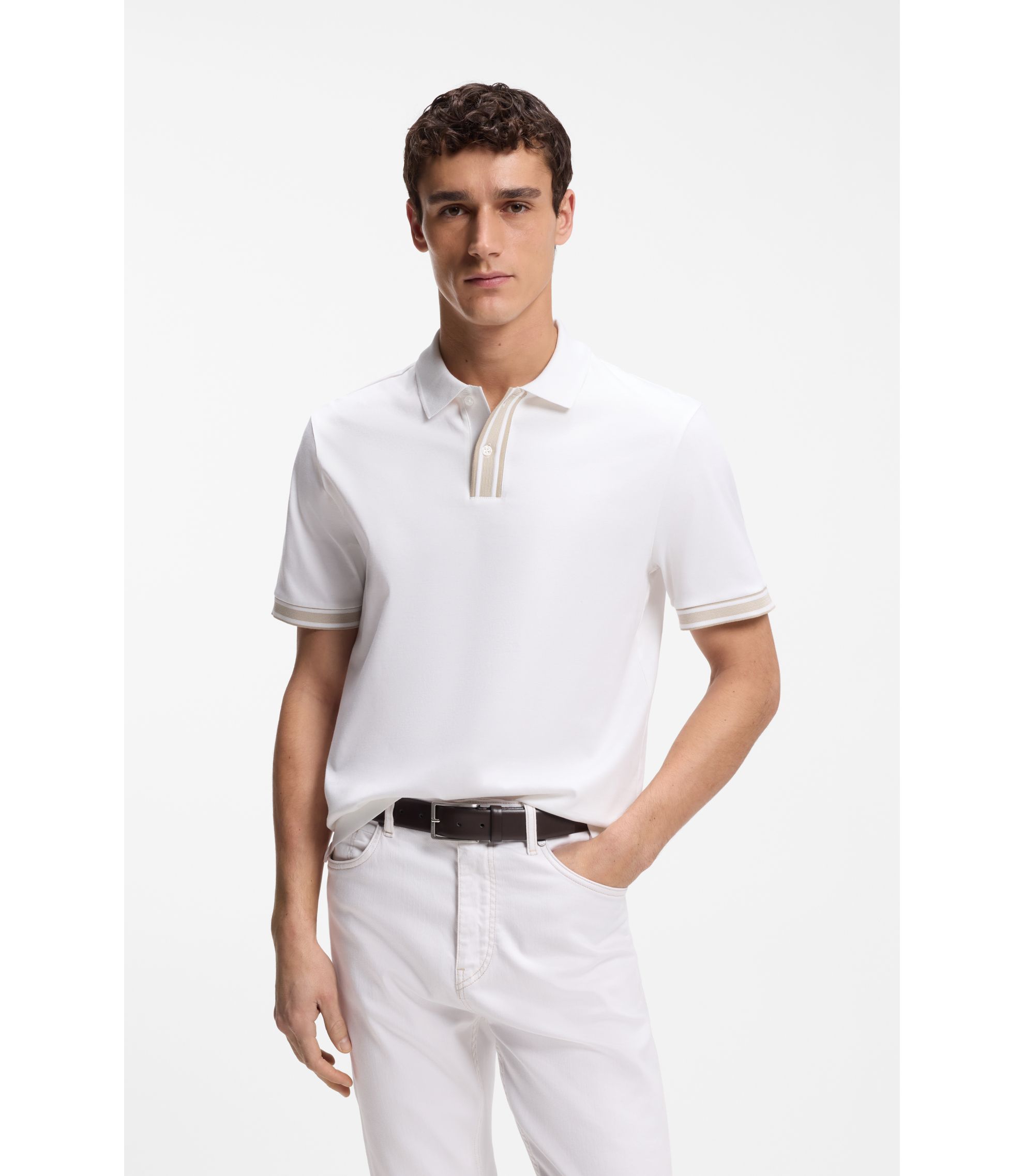 BOSS - Striped-trim polo shirt in mercerised cotton - White
