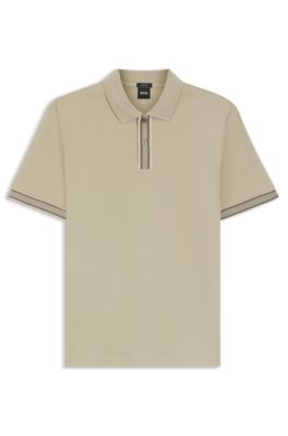 Striped-trim polo shirt in mercerised cotton, Light Beige