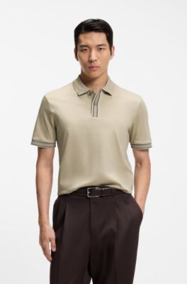 Striped-trim polo shirt in mercerised cotton, Light Beige