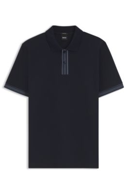 Striped-trim polo shirt in mercerised cotton, Dark Blue