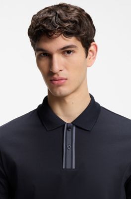 Polo en coton merceris&eacute; avec finitions &agrave; rayures, Bleu fonc&eacute;