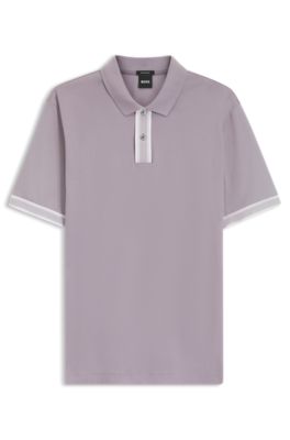 Polo en coton merceris&eacute; avec finitions &agrave; rayures, Violet clair