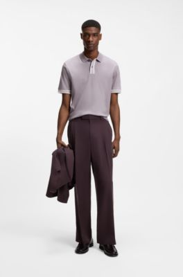 Polo en coton merceris&eacute; avec finitions &agrave; rayures, Violet clair