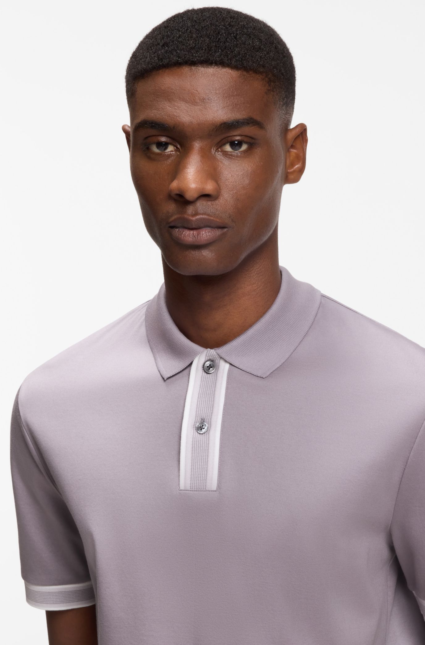 BOSS - Striped-trim polo shirt in mercerised cotton - Light Purple