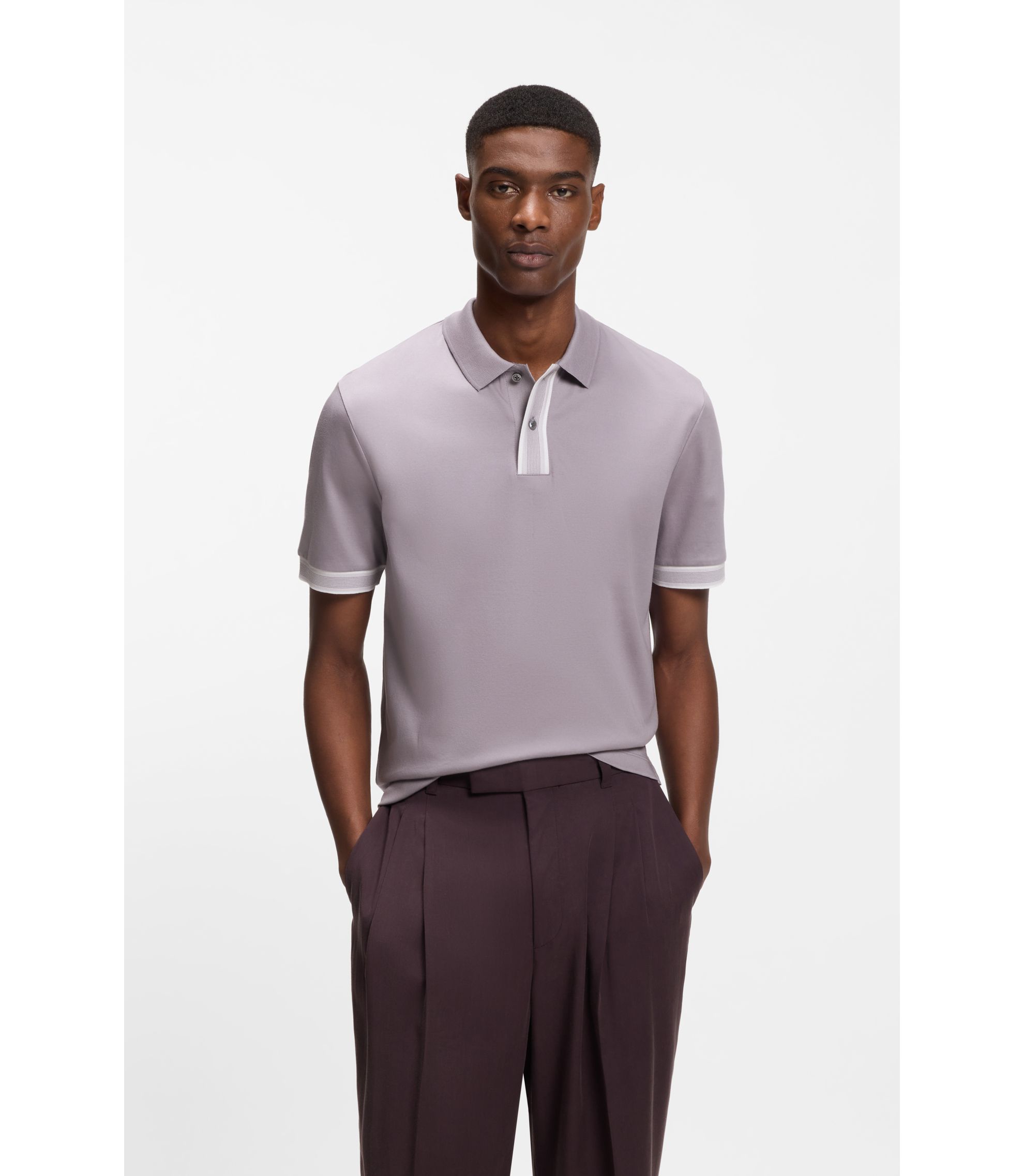 BOSS - Striped-trim polo shirt in mercerised cotton - Light Purple