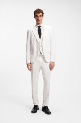 Three-piece slim-fit suit in cotton and linen, White