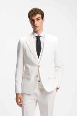 Three-piece slim-fit suit in cotton and linen, White