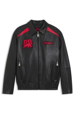 Chaqueta de piel HUGO&nbsp;x&nbsp;RB con motivos de toro, Negro