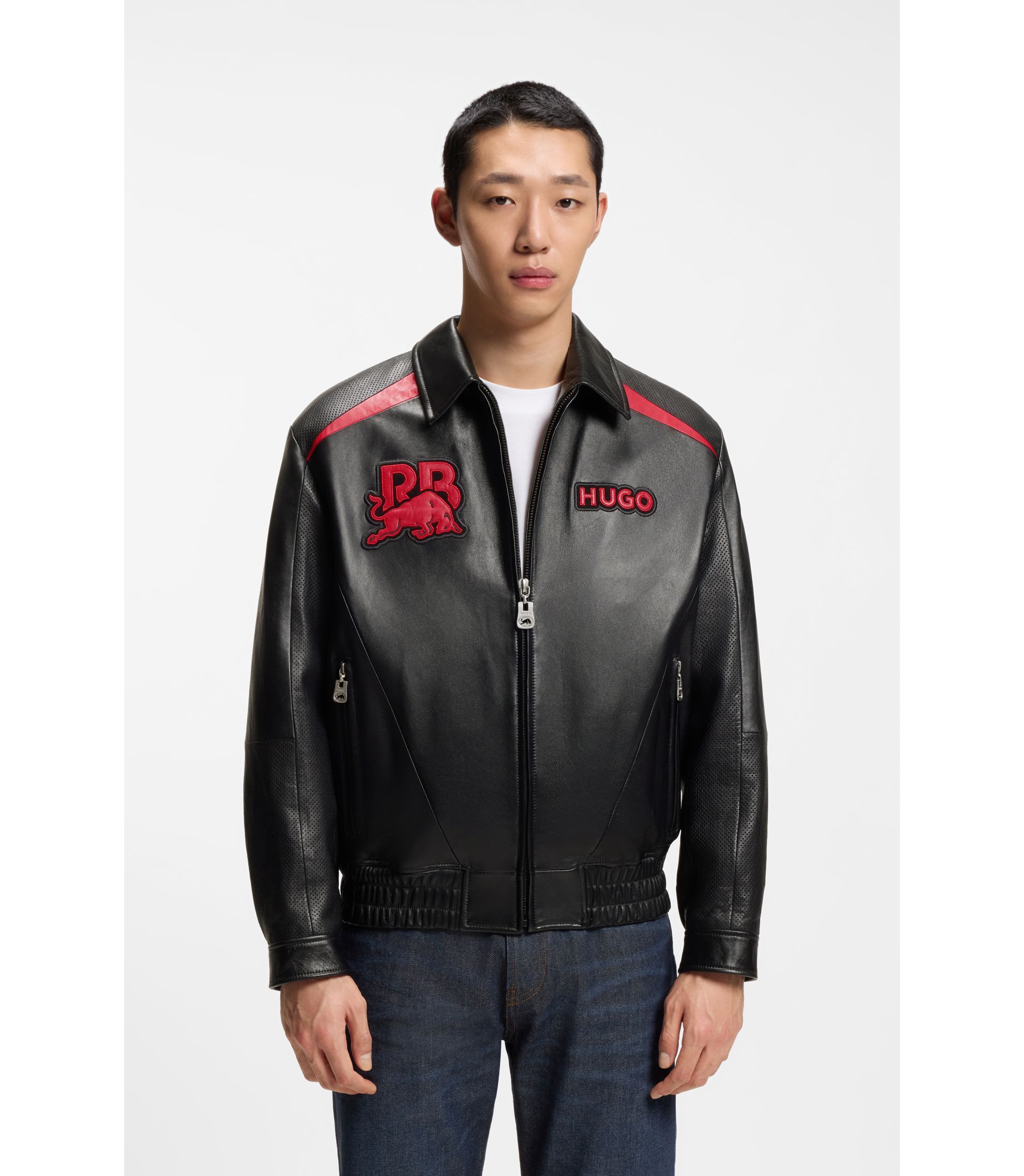 HUGO - HUGO x RB leather jacket with bull motifs - Black
