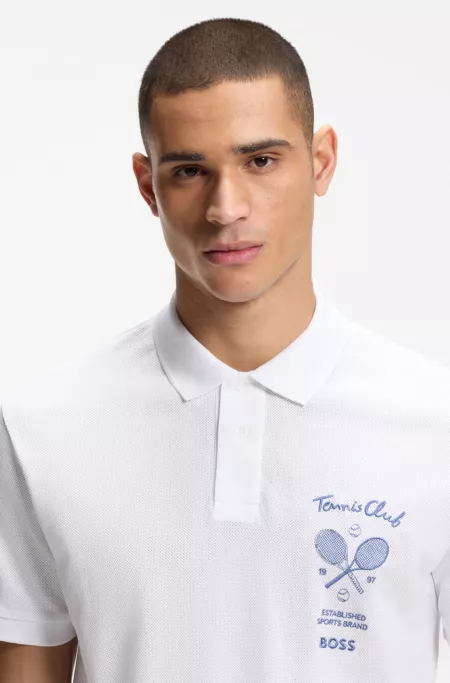 Embroidered-artwork polo shirt in cotton mesh