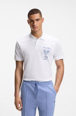 Embroidered-artwork polo shirt in cotton mesh, White