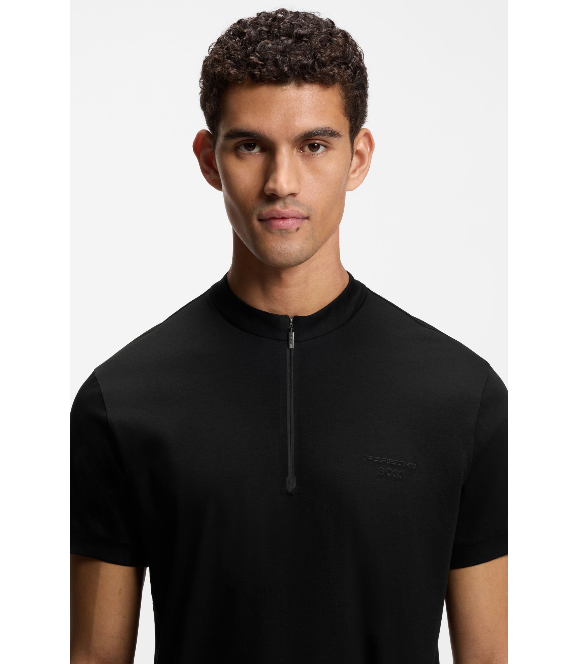 BOSS - Porsche x BOSS zipper-neck polo shirt in cotton - Black