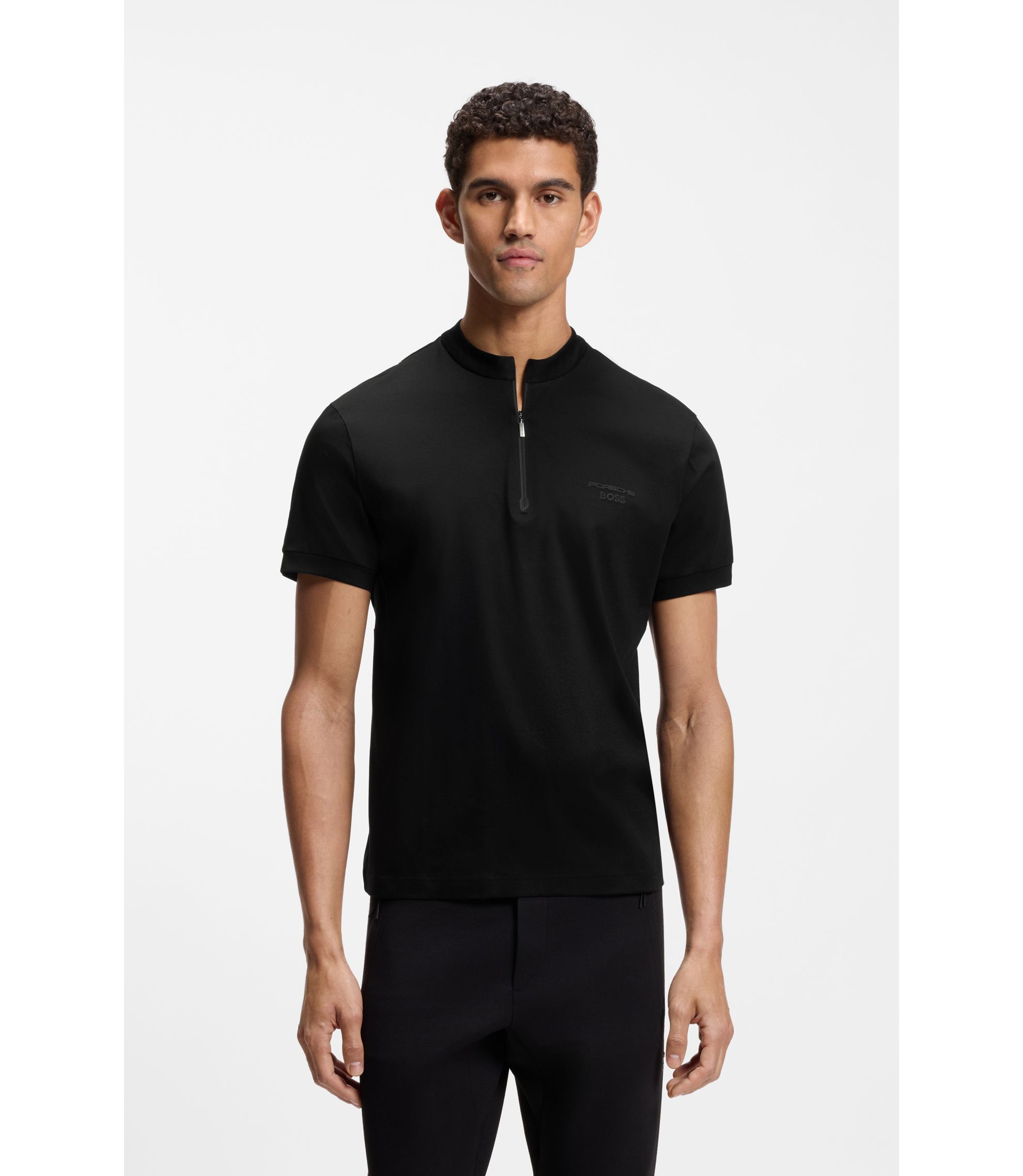 BOSS - Porsche x BOSS zipper-neck polo shirt in cotton - Black