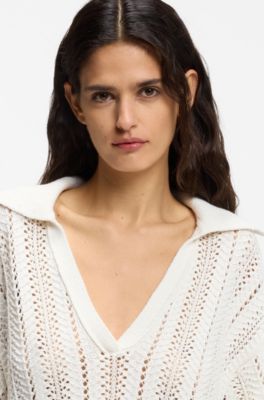 Pull en coton m&eacute;lang&eacute; avec une structure en maille ondul&eacute;e, Blanc