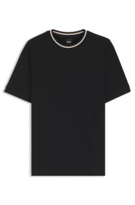 Camiseta de piqu&eacute; de algod&oacute;n con cuello de rayas, Negro