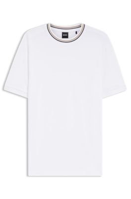 Camiseta de piqu&eacute; de algod&oacute;n con cuello de rayas, Blanco