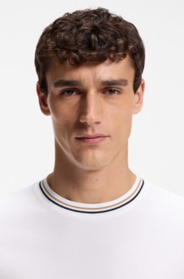 Camiseta de piqu&eacute; de algod&oacute;n con cuello de rayas, Blanco