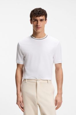 Camiseta de piqu&eacute; de algod&oacute;n con cuello de rayas, Blanco