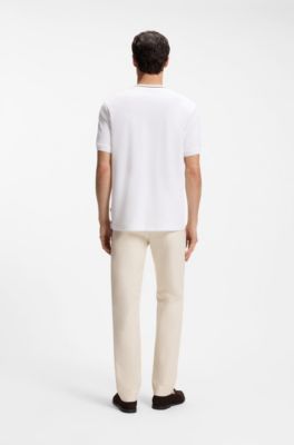 Camiseta de piqu&eacute; de algod&oacute;n con cuello de rayas, Blanco