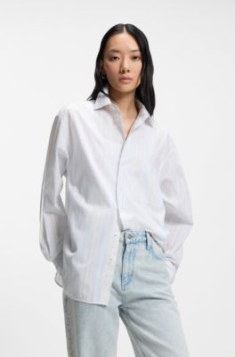 Striped relaxed-fit blouse in cotton canvas, Light Blue