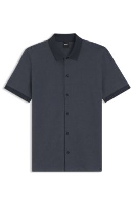 Camisa regular fit de algod&oacute;n con estructura entretejida de burbujas, Azul oscuro
