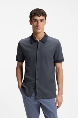 Camisa regular fit de algod&oacute;n con estructura entretejida de burbujas, Azul oscuro