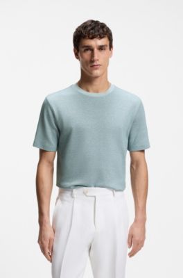 Camiseta de algod&oacute;n, lino y seda con estructura de moulin&eacute;, Celeste