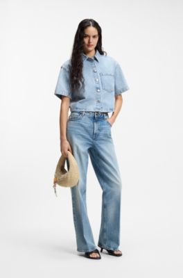 Jean large en denim stretch bleu, Bleu